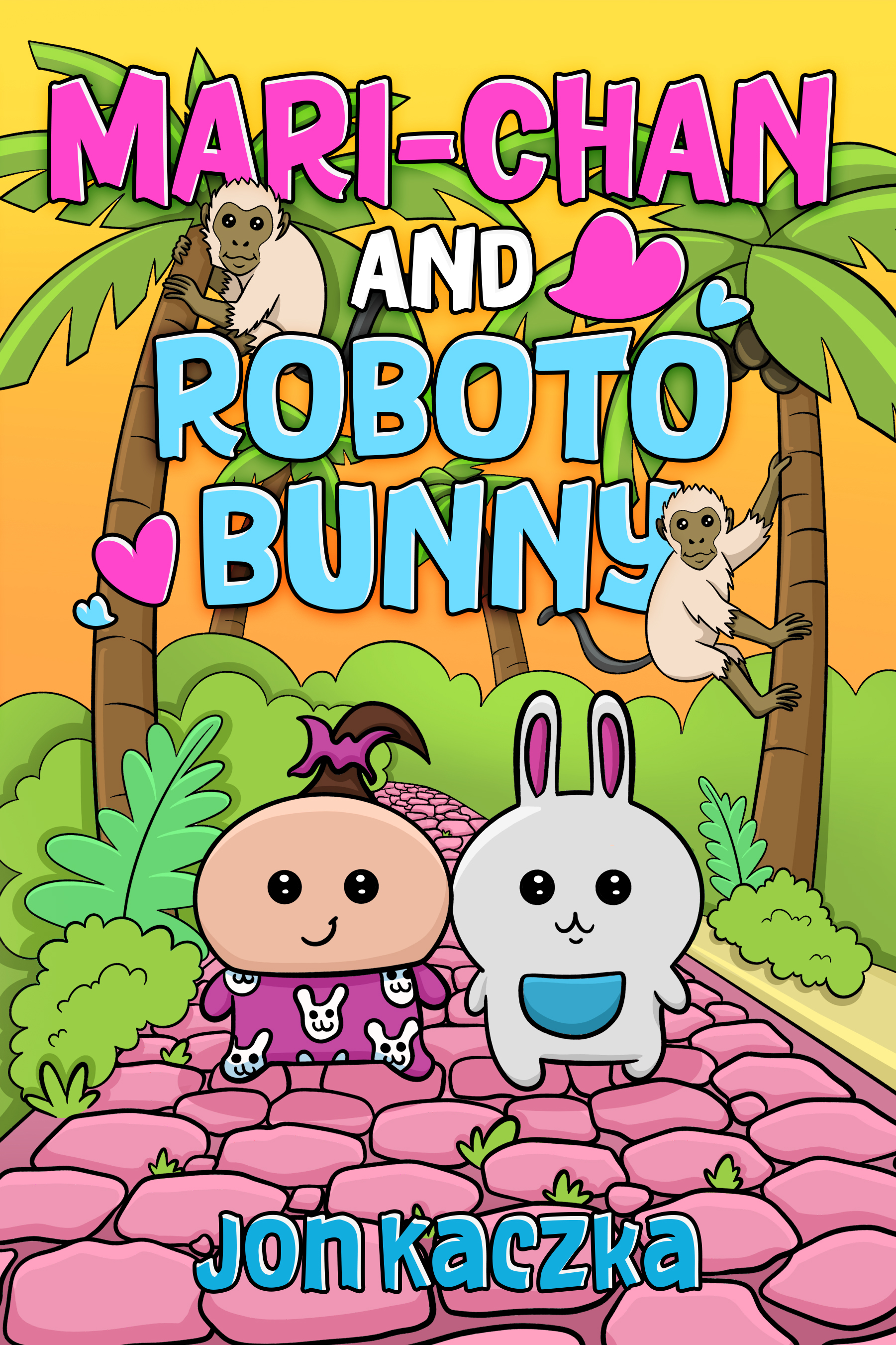 Colorful book cover featuring the title 'Mari-Chan and Robot Bunny' with cartoon characters in a tropical setting, including a small creature with a purple hat and a bunny, surrounded by palm trees and a monkey.